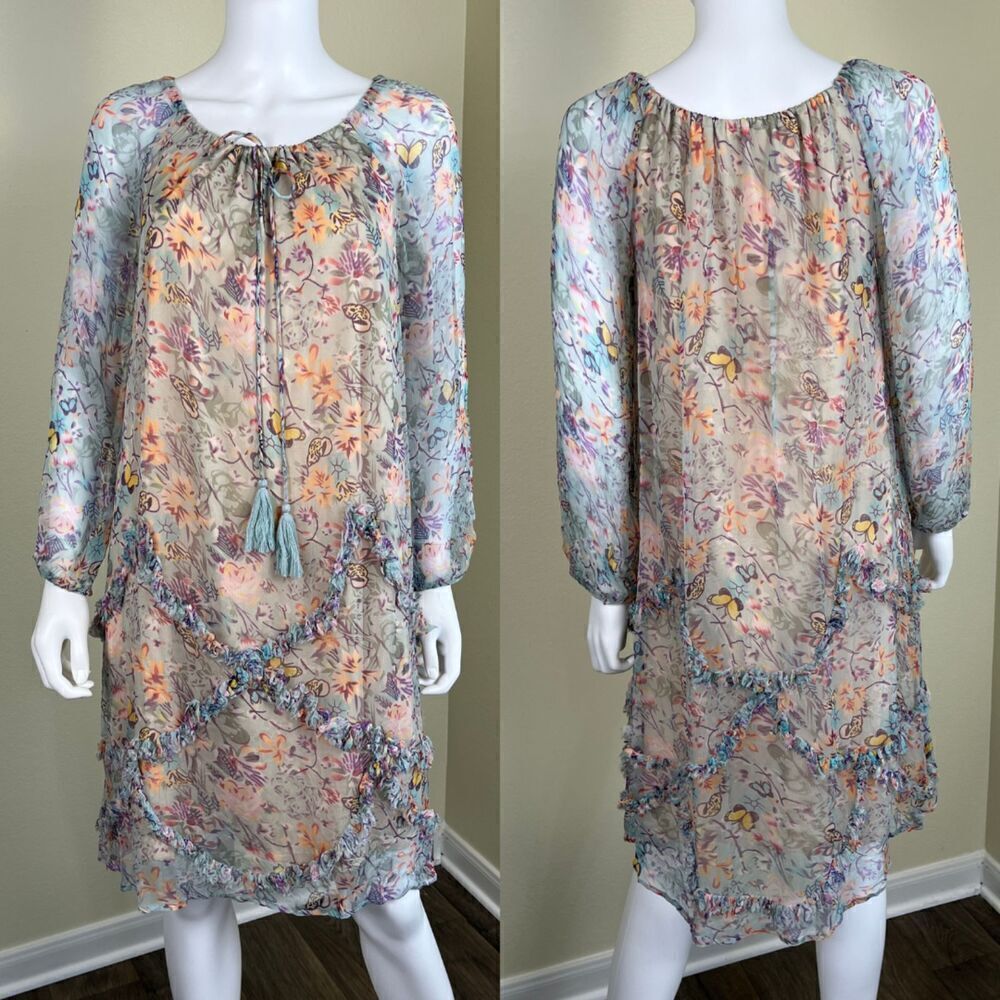 Sundance Women's Size XS Mariposa Butterfly Sheer Floral Ruffle Shift Mini Dress